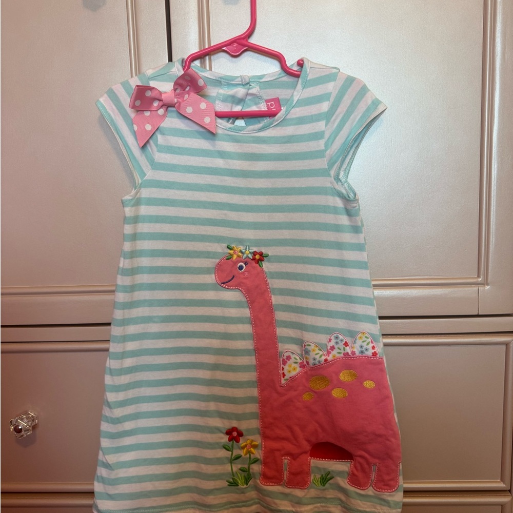 Striped Mint & White Girls Dress with Pink Dinosaur Applique